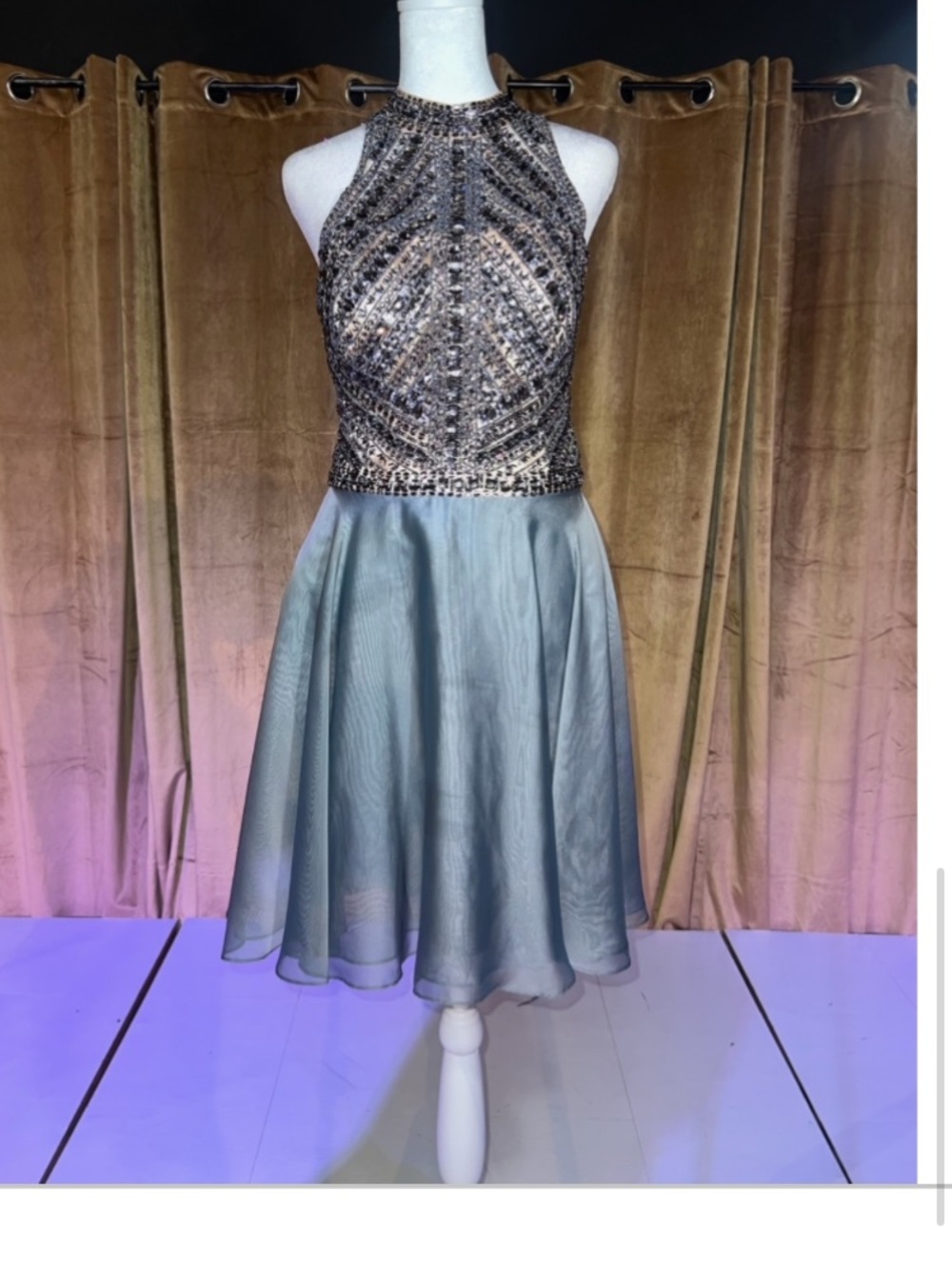 Milano Sequin Halter Bodice Dress in Silver and Dusty Blue